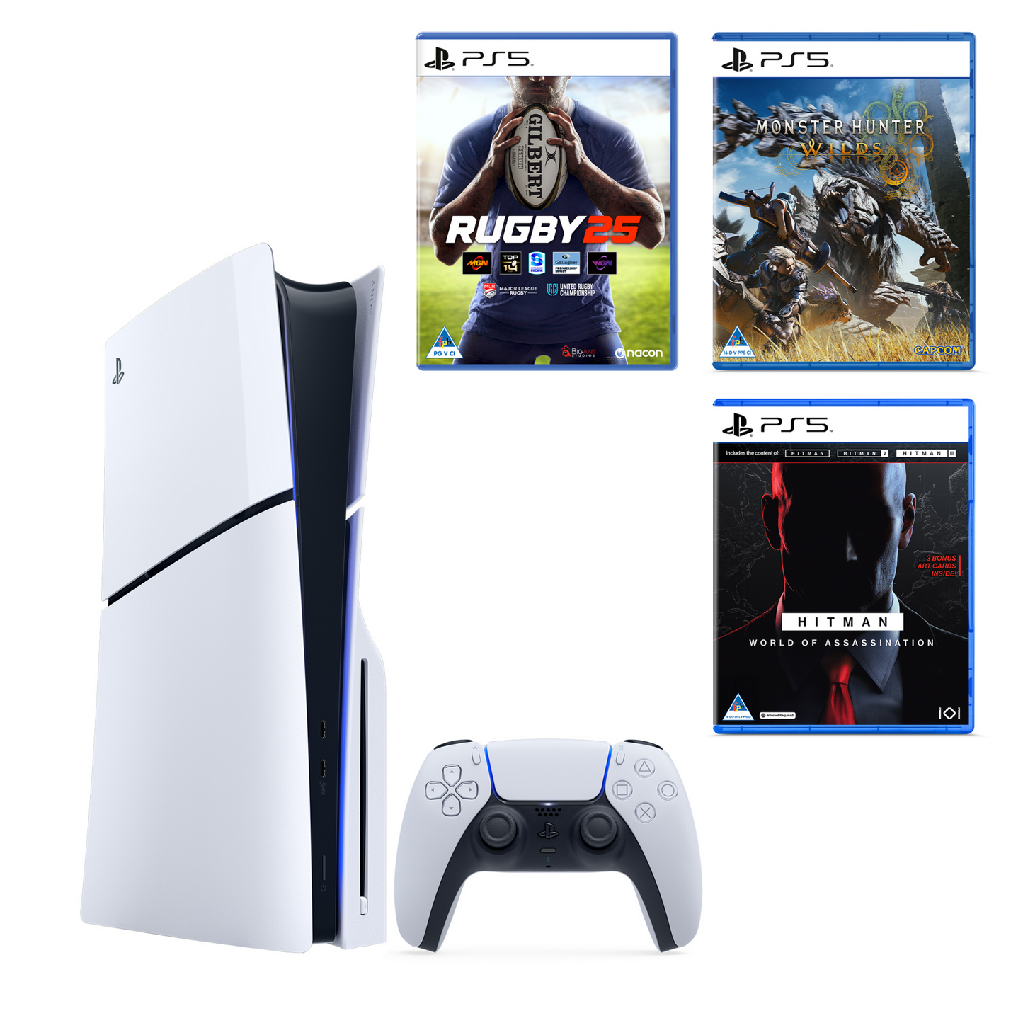 PS5 Slim Disc Bundle: Hitman, Monster Hunter Wilds & Rugby 25